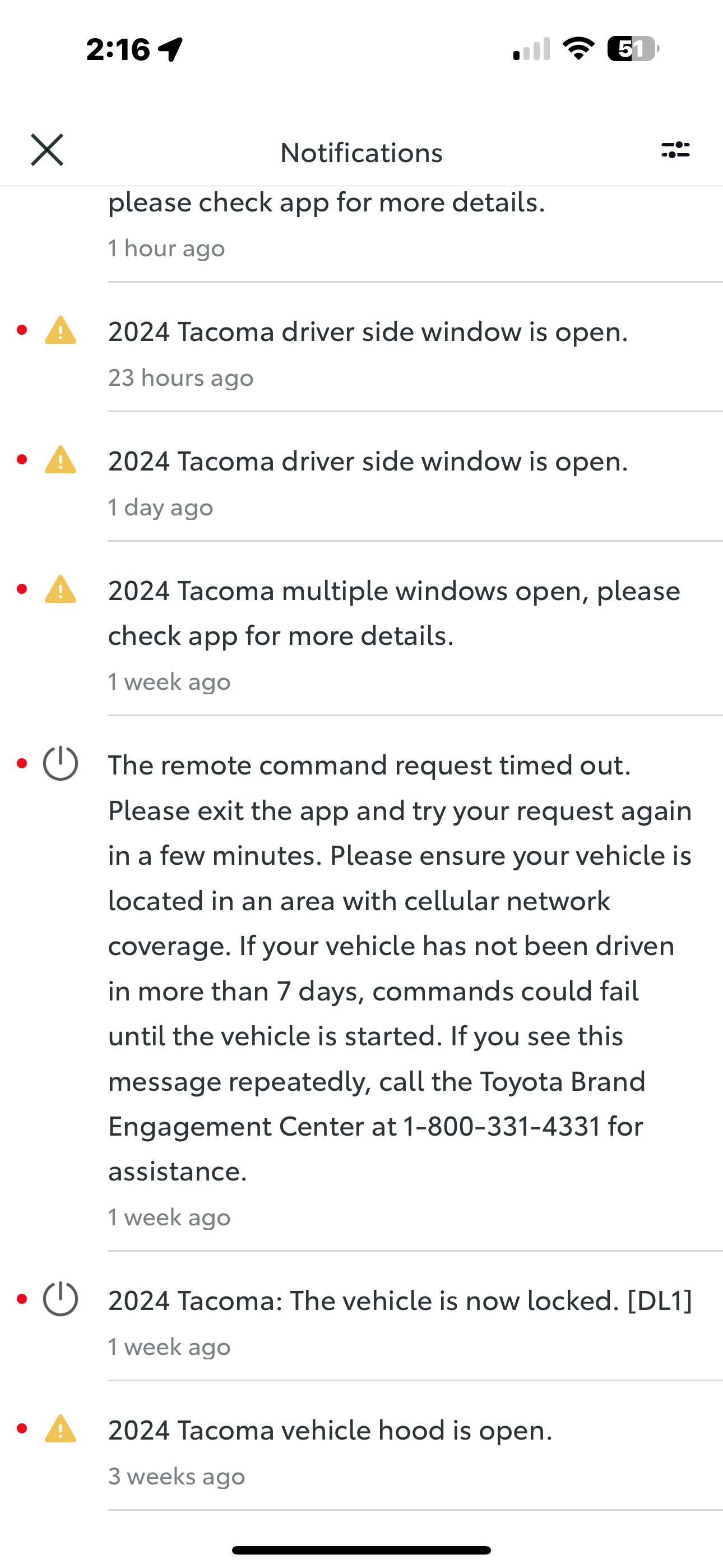 2024 Tacoma Toyota app, does your notifications show 12860