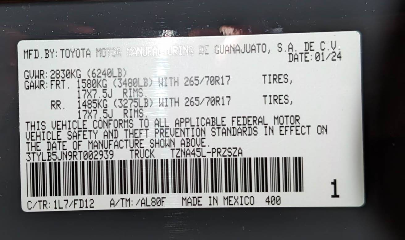 2024 Tacoma Door Sticker Thread (GVWR / Payload / Tire and Loading Figures Label). Post Yours Up 2024 tacoma door sticker jam label max payload gvwr 1
