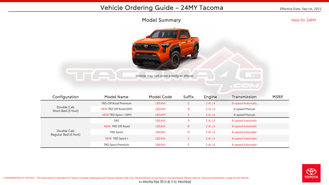 2024 Tacoma 2024 Tacoma Double Cab Gas Models Trim/Packaging Details (Canada) 2024-tacoma-order-guide-canada-1