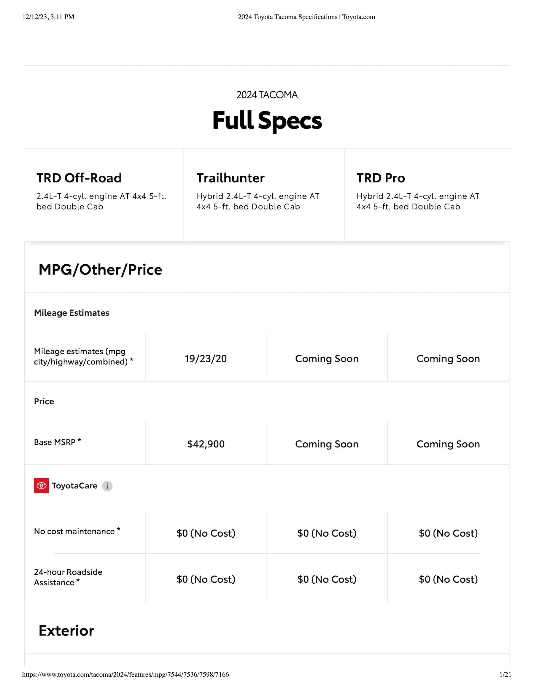 2024 Tacoma 2024 Tacoma Trailhunter & TRD PRO Specifications, Standard/Optional Features Released [Partial] 2024-Tacoma-Trailhunter-TRD-PRO-Specifications-Sheet1