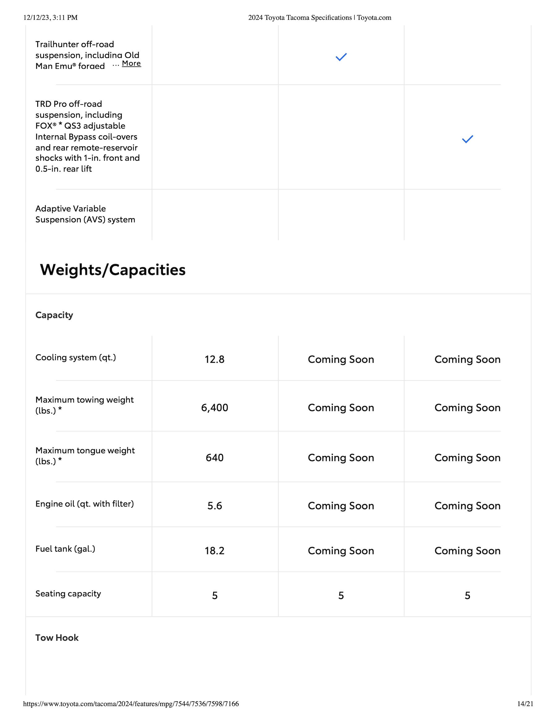 2024 Tacoma 2024 Tacoma Trailhunter & TRD PRO Specifications, Standard/Optional Features Released [Partial] 2024-Tacoma-Trailhunter-TRD-PRO-Specifications-Sheet14