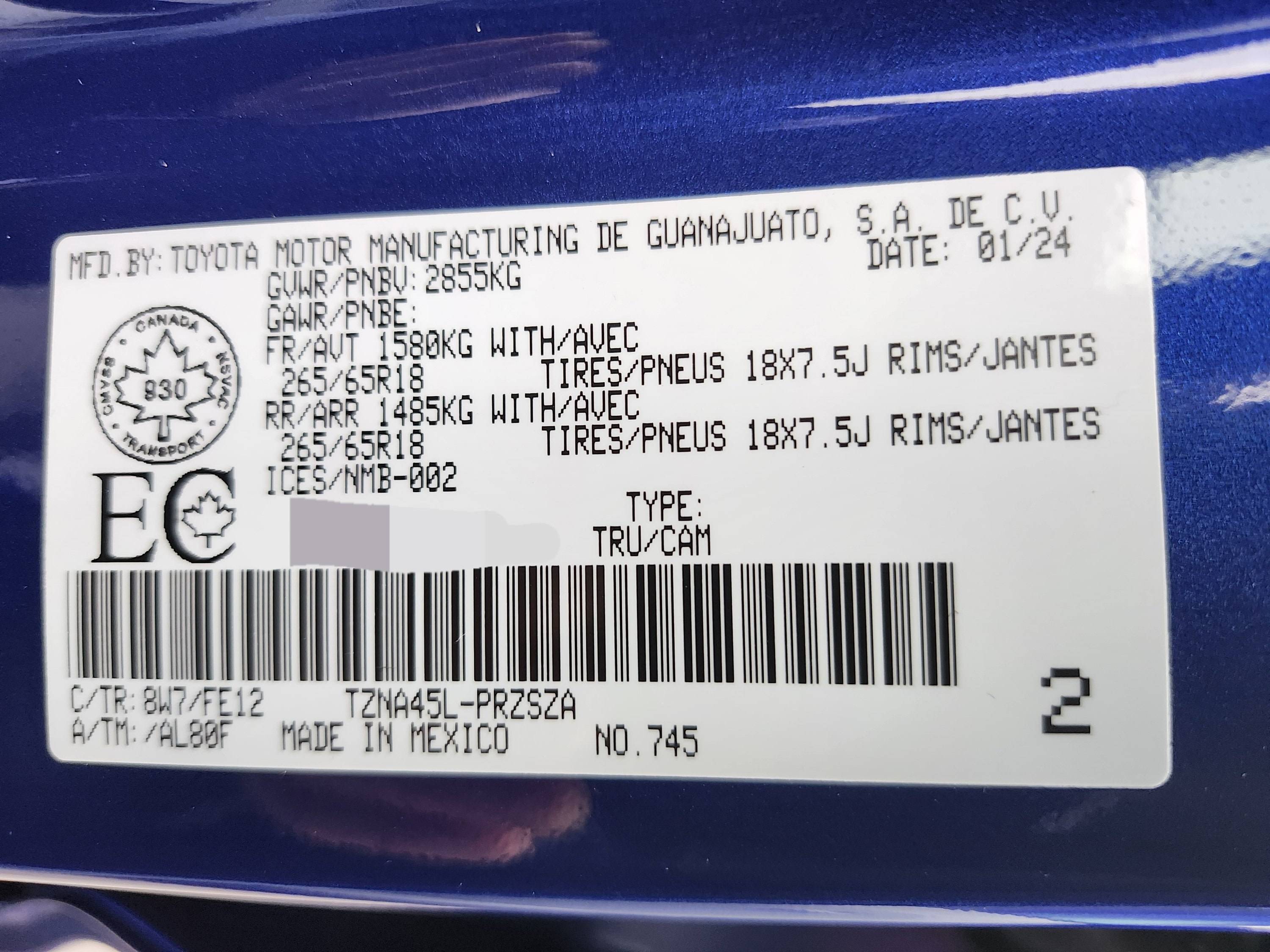 2024 Tacoma Door Sticker Thread (GVWR / Payload / Tire and Loading Figures Label). Post Yours Up 2024 toyota tacoma door sticker jam label max payload gvwr 1