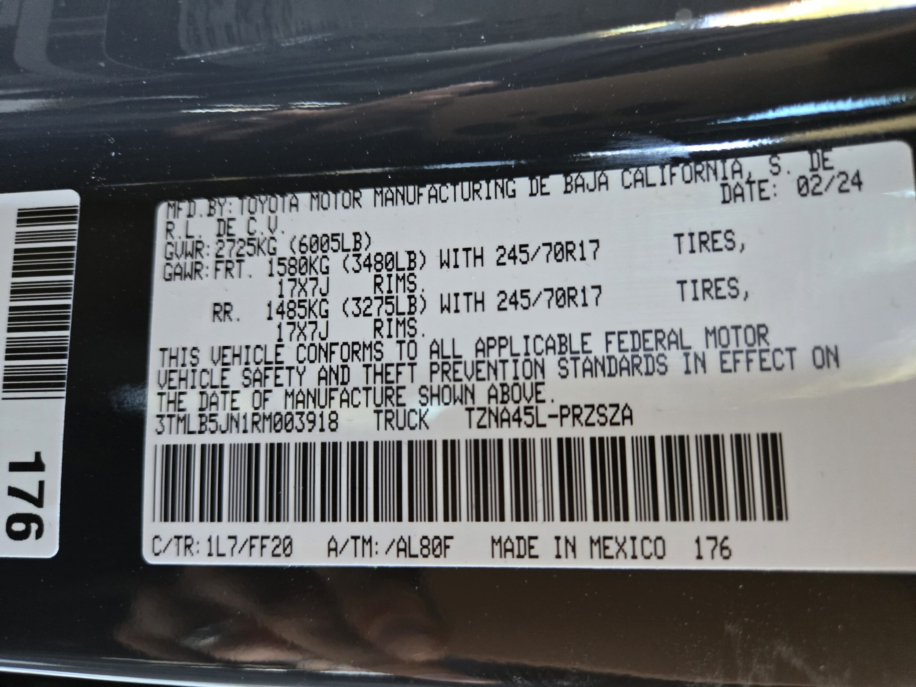 2024 Tacoma Door Sticker Thread (GVWR / Payload / Tire and Loading Figures Label). Post Yours Up 20240330_114947