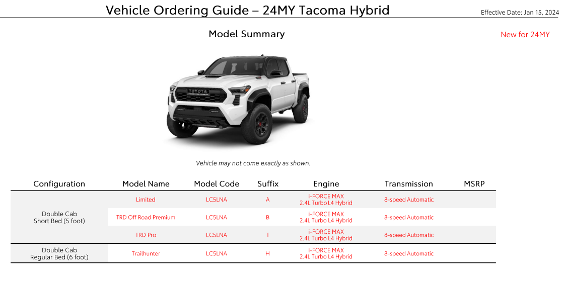 2024 Tacoma 2024 Tacoma Ordering Guide for Canada [Updated w/ Tacoma HYBRID i-Force MAX Models & Specs - Trailhunter, TRD Pro, Off-Road Premium, Limited] image