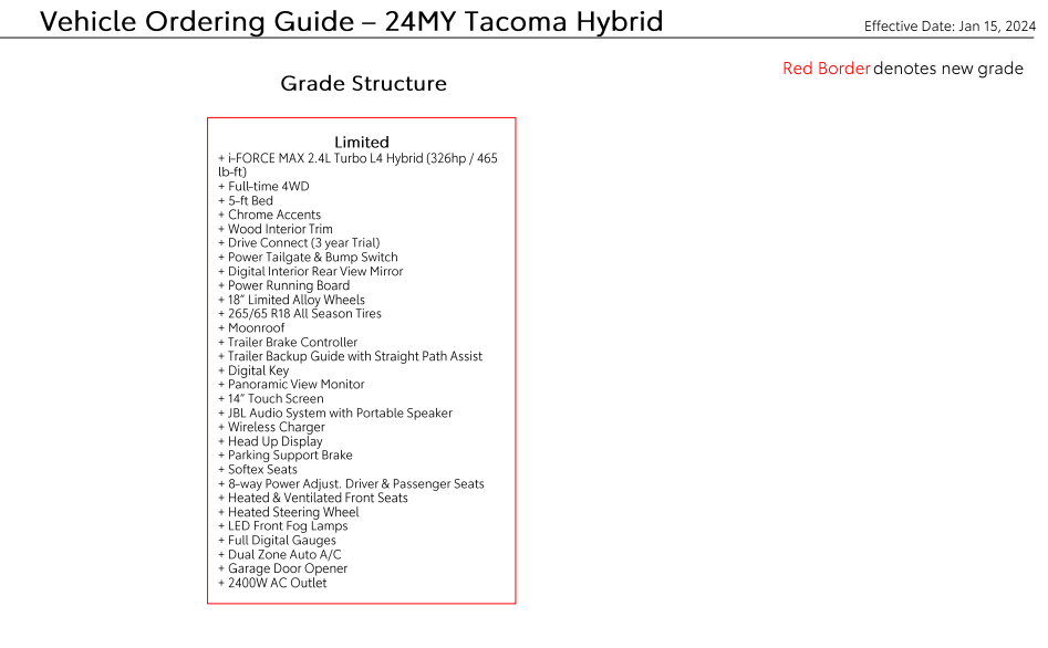 2024 Tacoma 2024 Tacoma Ordering Guide for Canada [Updated w/ Tacoma HYBRID i-Force MAX Models & Specs - Trailhunter, TRD Pro, Off-Road Premium, Limited] image4