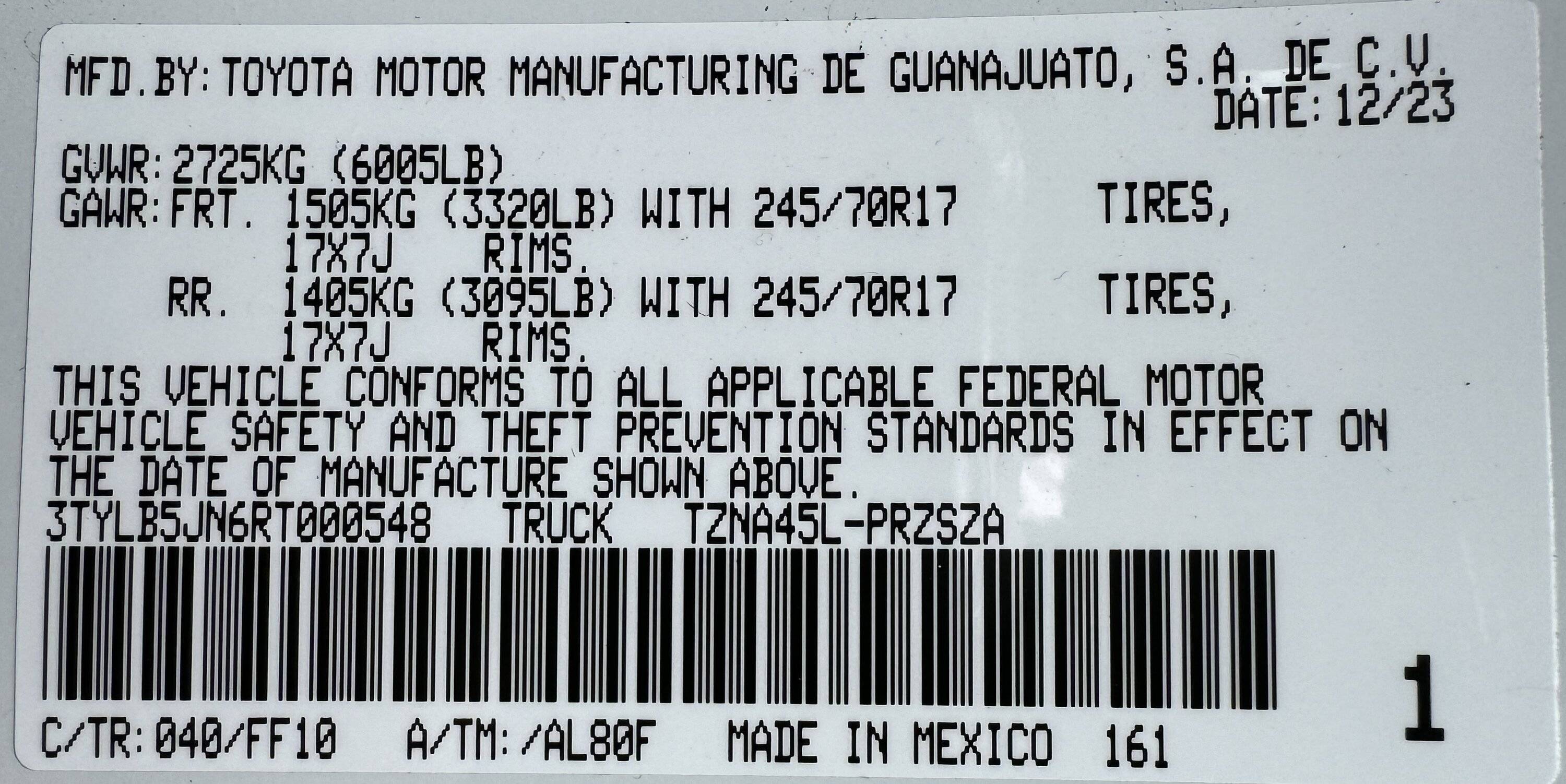 2024 Tacoma Door Sticker Thread (GVWR / Payload / Tire and Loading Figures Label). Post Yours Up IMG_0589