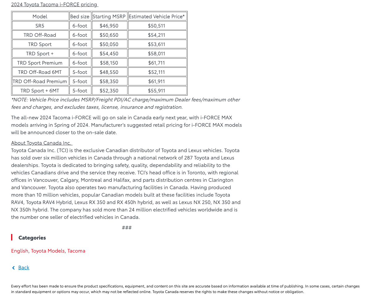 2024 Tacoma 2024 Tacoma Pricing Per Trim (Comparison List) Screenshot 2023-12-13 at 5.17.29 PM