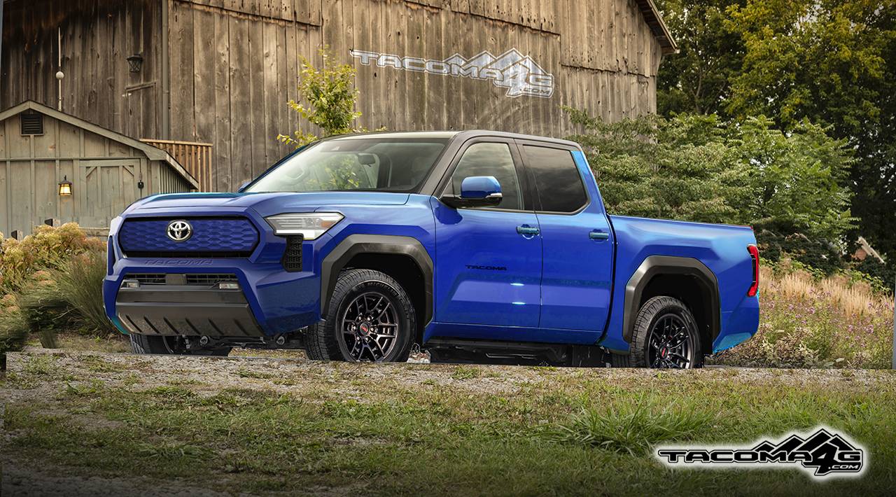 2024 Tacoma Next Gen 2024 Tacoma BEV + ICE/Hybrid Rendering Previews + Design, Development, Ordering & Production Schedule Tacoma-Front-Blue-EV