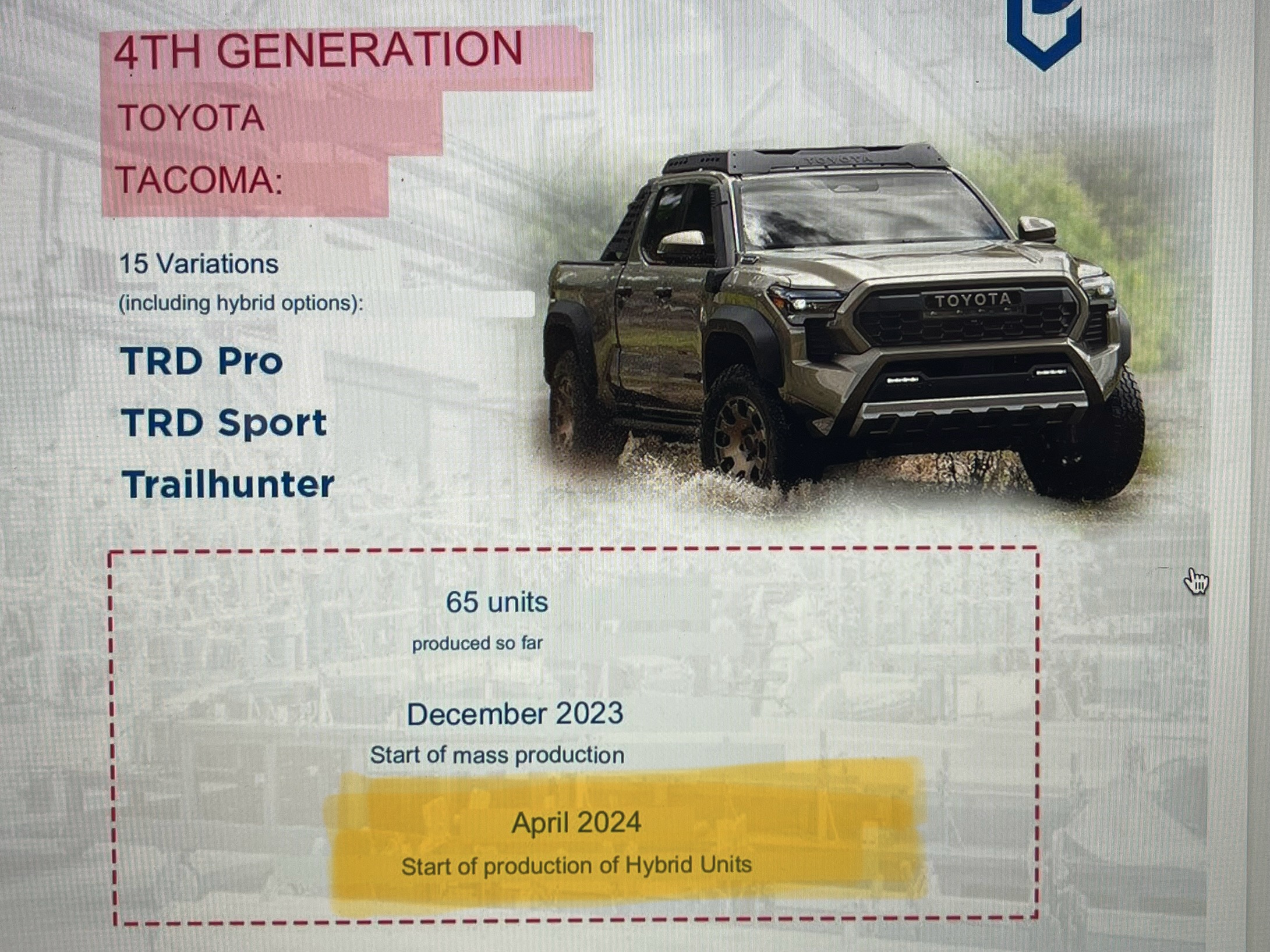 2024 Tacoma Update: Now 109 Allocations for 2024 Tacoma (11/17/23) + December Production Start Tacoma