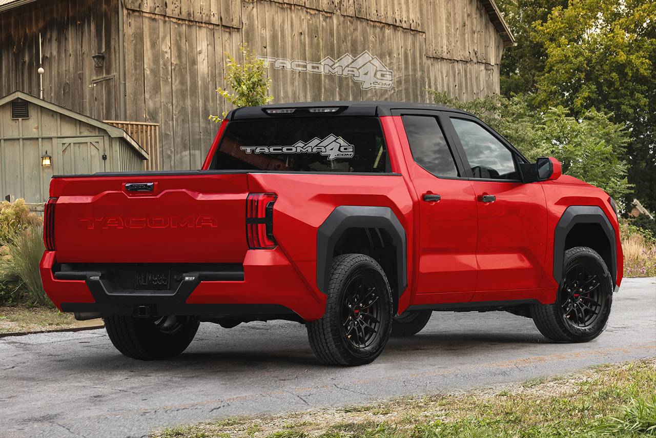 2024 Tacoma Next Gen 2024 Tacoma BEV + ICE/Hybrid Rendering Previews + Design, Development, Ordering & Production Schedule Tacoma-Rear-Red