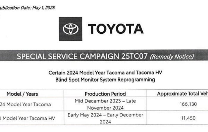 Special Service Campaign 25TC07 -- 2024 Tacomas Need Blind Spot Monitoring Sensors Reprogrammed