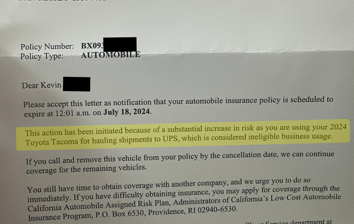 Insurance company cancelled my 2024 Tacoma policy because I went to the UPS Store
